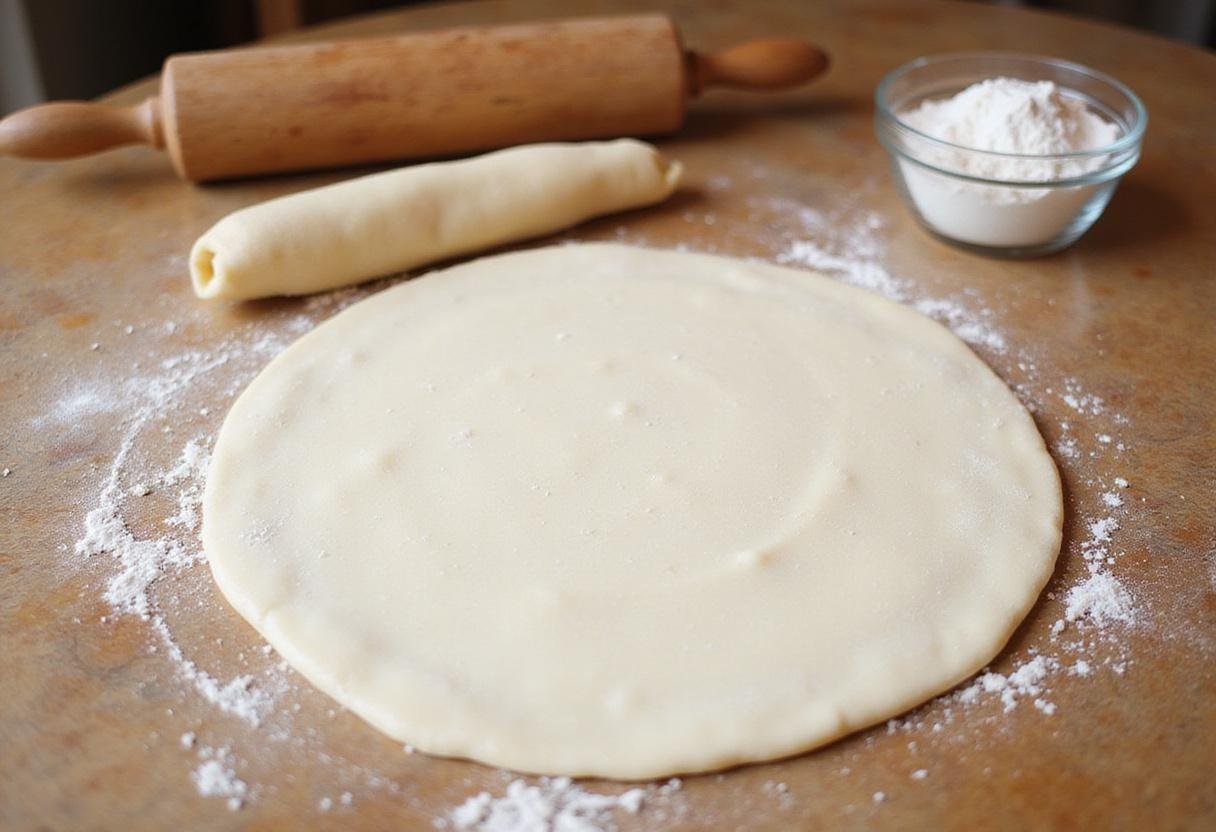 Freshly rolled pizza dough on a wooden table, preparing Yannis's Gourmet Pizza Treat, pizza base preparation.