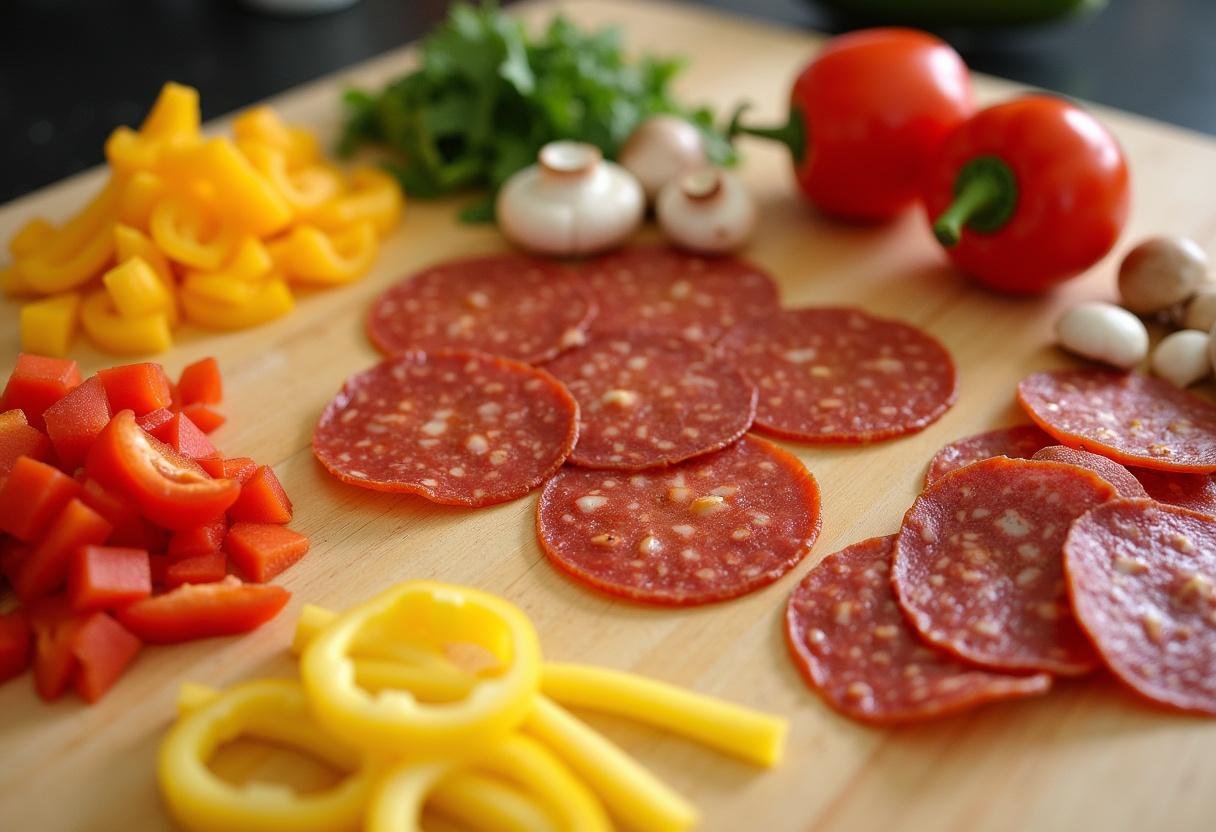 Vibrant toppings for Yannis's Gourmet Pizza Treat on a cutting board, fresh ingredients for delicious pizza.