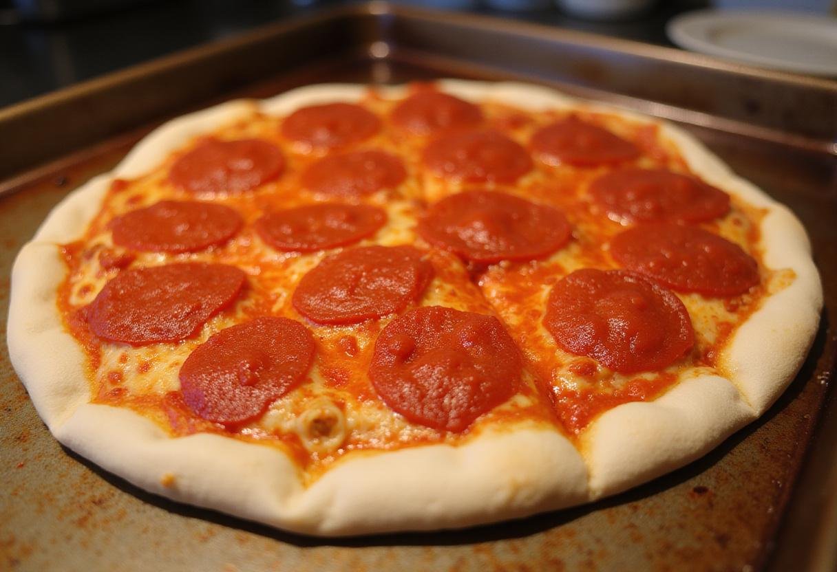 Pizza crust with sauce for Yannis's Gourmet Pizza Treat, prepping for baking with delicious tomato spread.