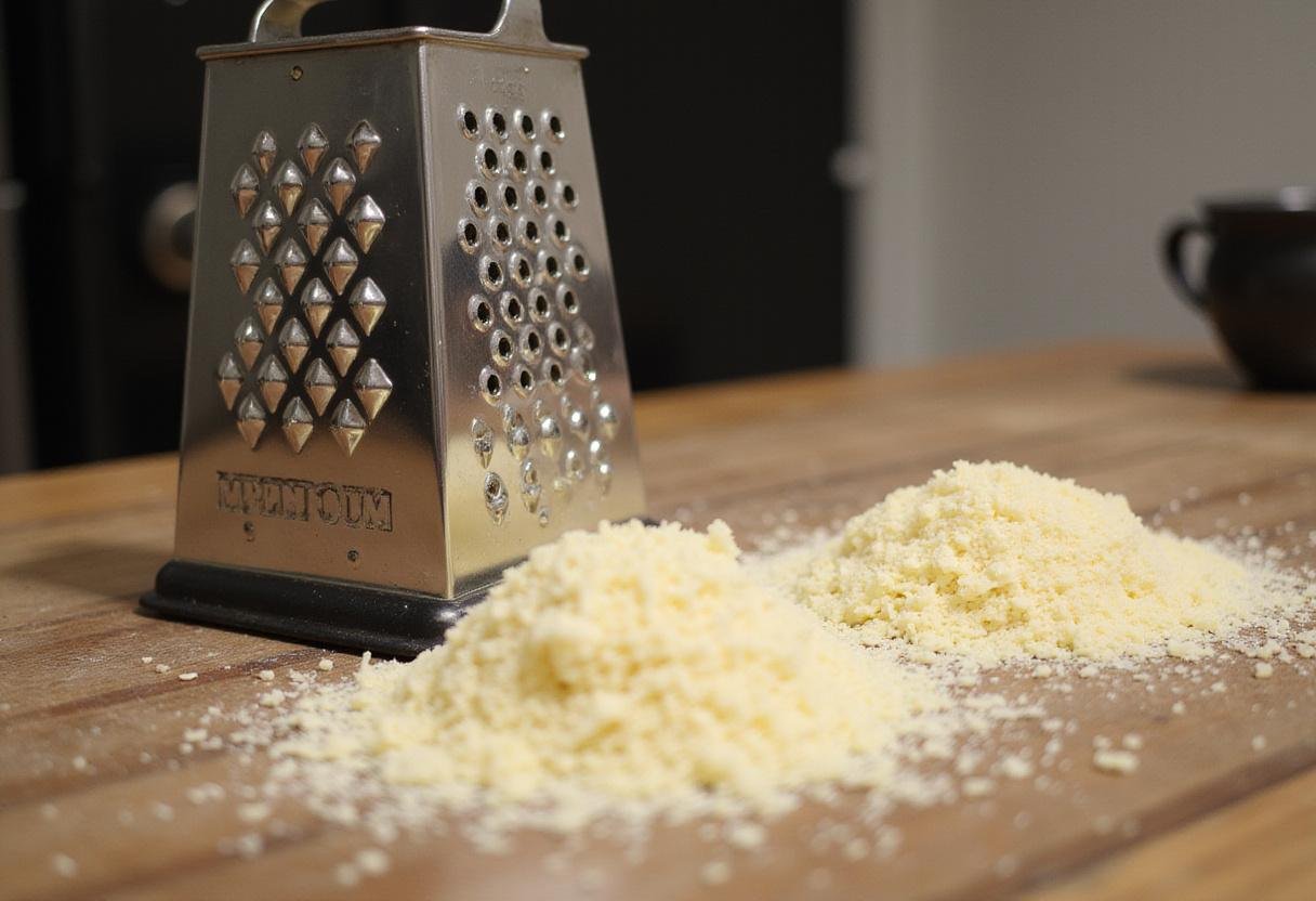 Freshly grated mozzarella and parmesan for Yannis's Gourmet Pizza Treat, cheesy delights for pizza topping.