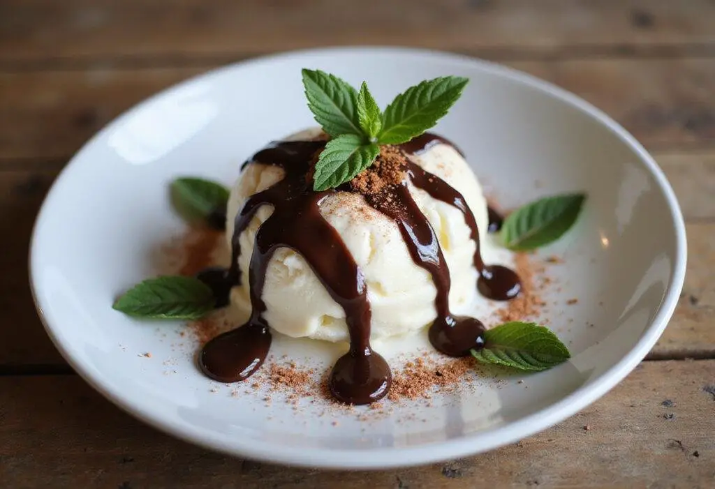 Final presentation of Zero Sugar Chocolate Drizzle over vanilla ice cream, showcasing a delicious sugar free chocolate syrup dessert.