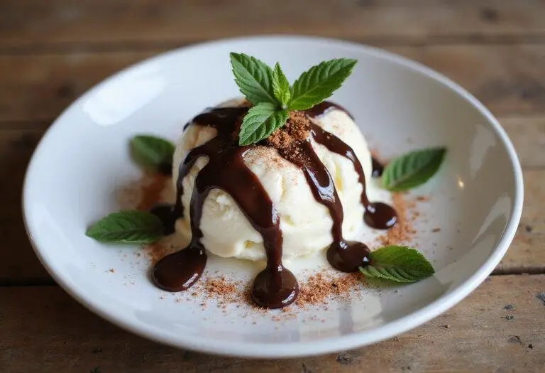 Final presentation of Zero Sugar Chocolate Drizzle over vanilla ice cream, showcasing a delicious sugar free chocolate syrup dessert.