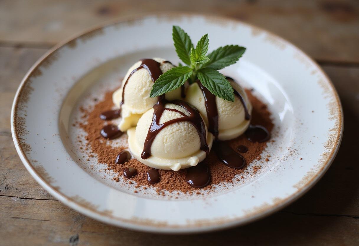 Final presentation of Zero Sugar Chocolate Drizzle over vanilla ice cream, showcasing a delicious sugar free chocolate syrup dessert.