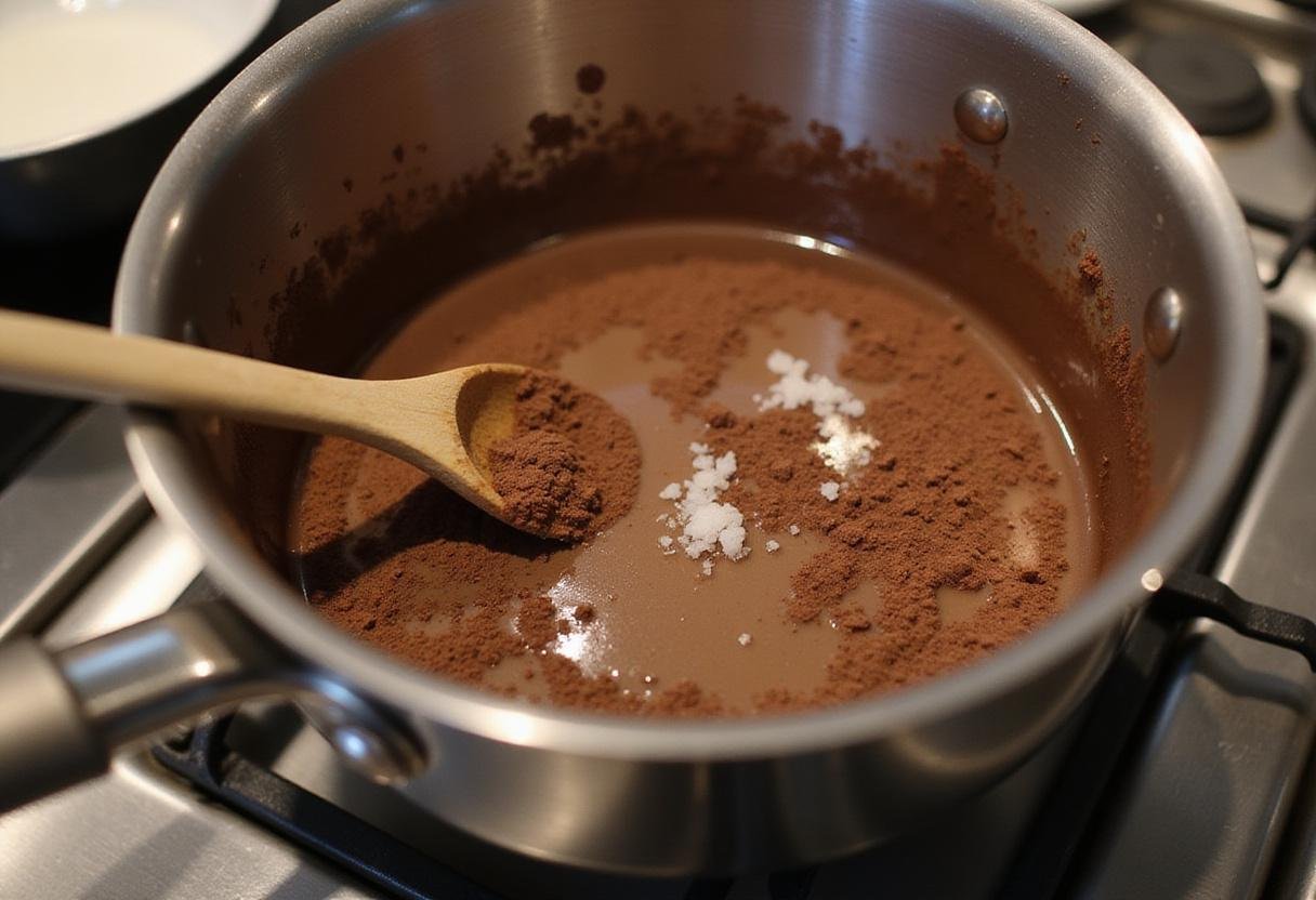 Zero Sugar Chocolate Drizzle ingredients in a saucepan, showcasing a sugar free chocolate syrup preparation process.