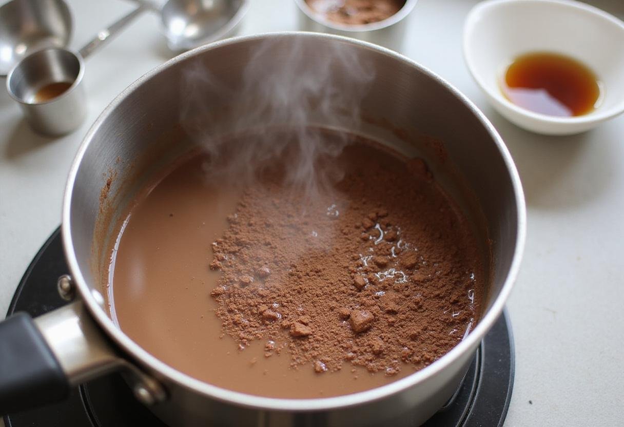 Zero Sugar Chocolate Drizzle mixture simmering in a saucepan, highlighting the process of making sugar free chocolate syrup.