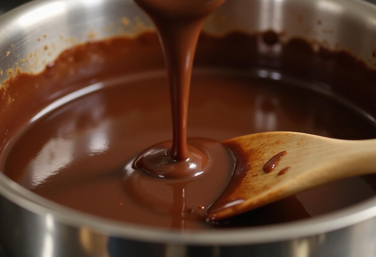 Zero Sugar Chocolate Drizzle being stirred in a saucepan, emphasizing the silky texture of sugar free chocolate syrup.