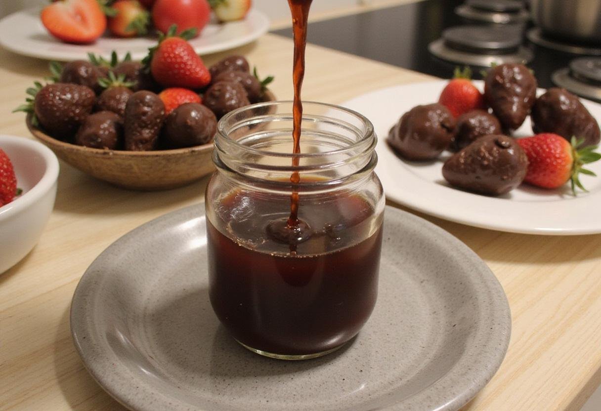 Zero Sugar Chocolate Drizzle finished in a jar with chocolate-covered strawberries, perfect for sugar free chocolate syrup lovers.