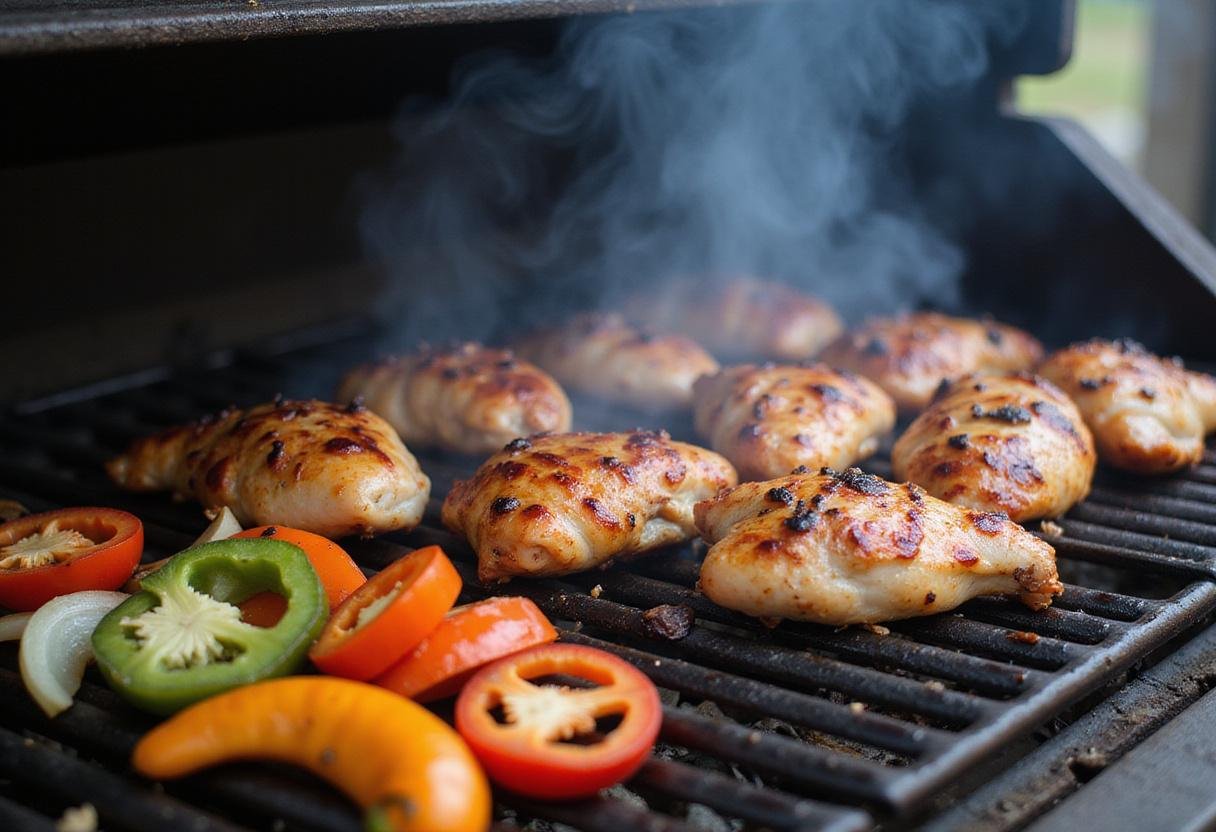 Grilling marinated chicken for a flavorful chili lime chicken recipe surrounded by fresh vegetables.