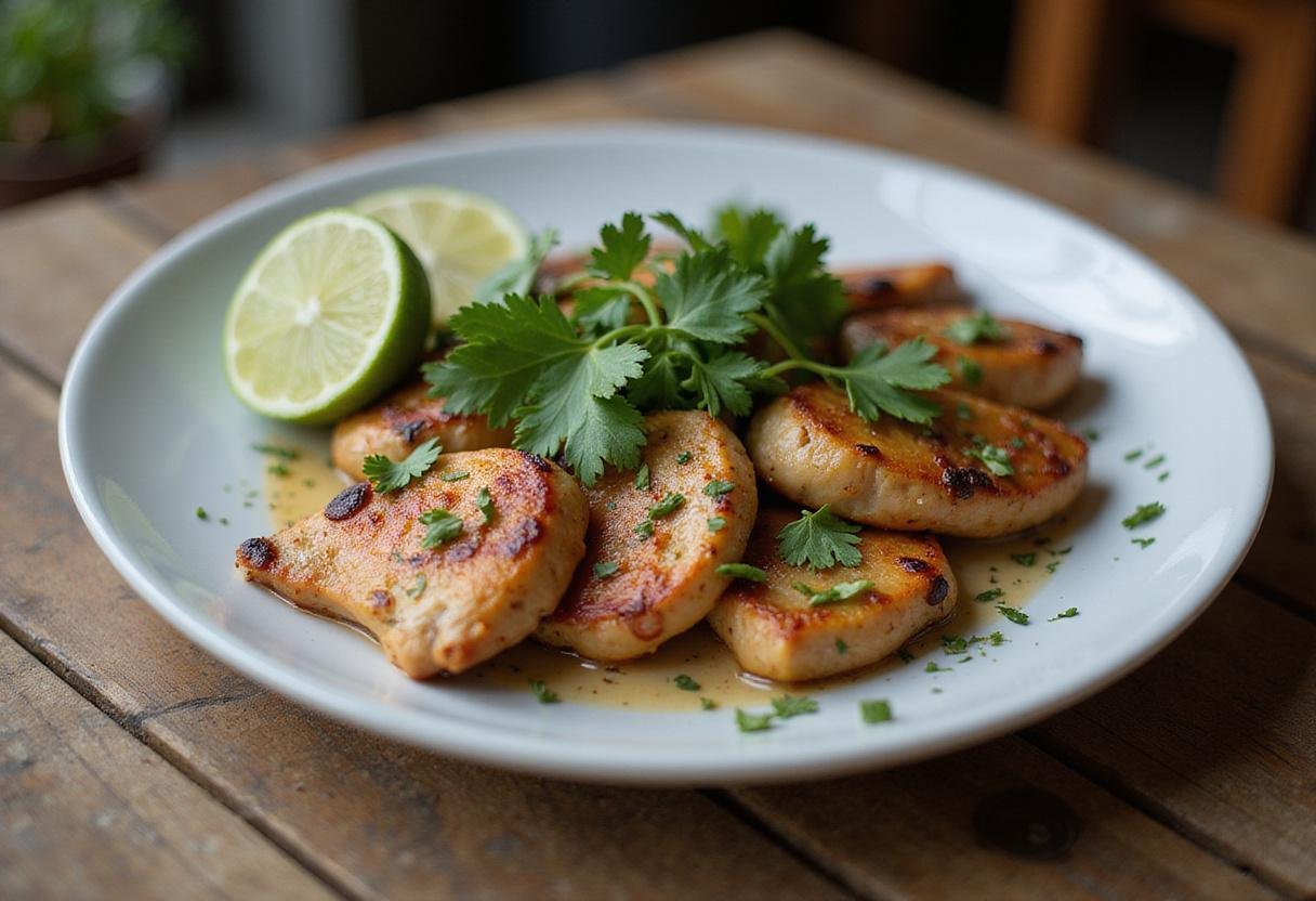 Deliciously plated grilled chicken for chili lime chicken recipe, garnished with lime and herbs.