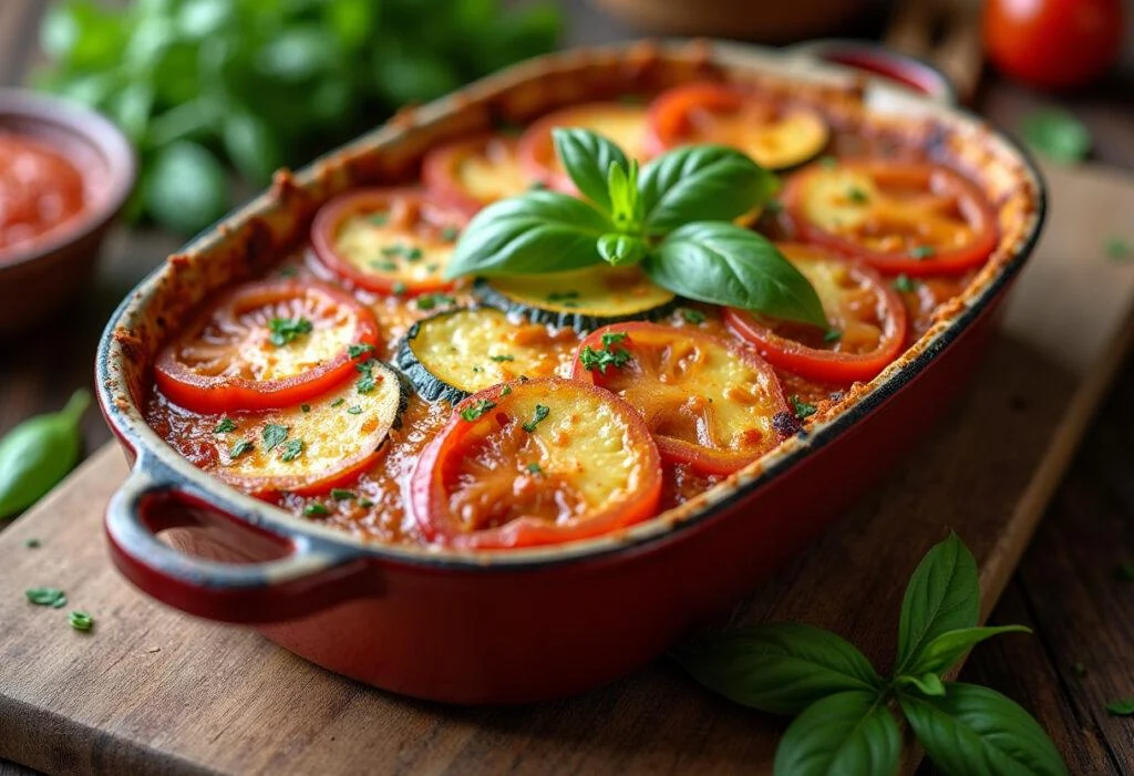 Finished Zucchini Tomato Bake garnished with fresh basil, ideal for a comforting meal.