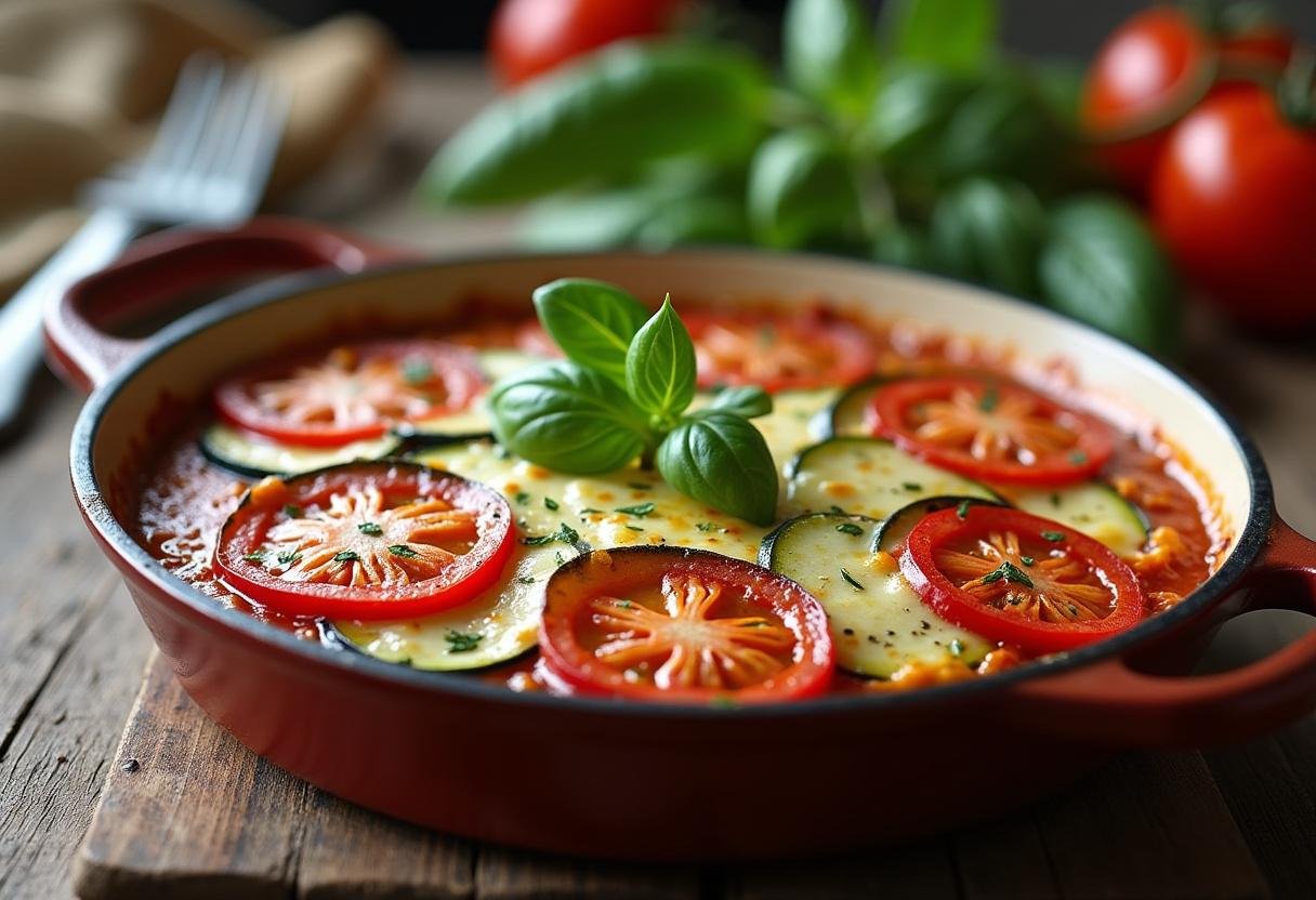 Finished Zucchini Tomato Bake garnished with fresh basil, ideal for a comforting meal.