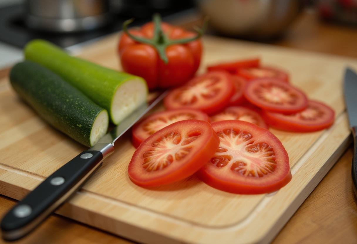 Slicing fresh zucchini and ripe tomatoes for Zucchini Tomato Bake preparation.