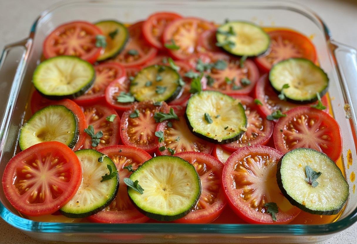 Layering zucchini and tomato slices in a baking dish for Zucchini Tomato Bake.
