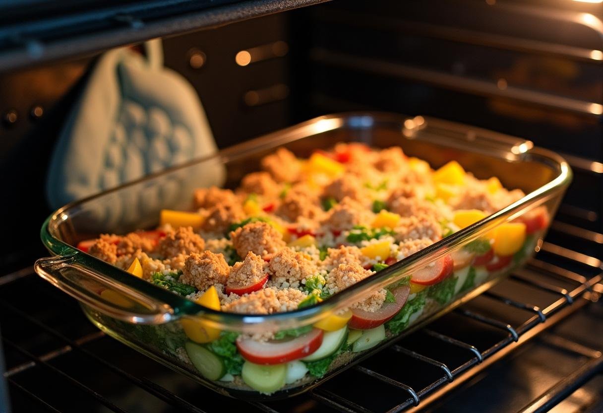Placing the Zucchini Tomato Bake into the oven for cooking.