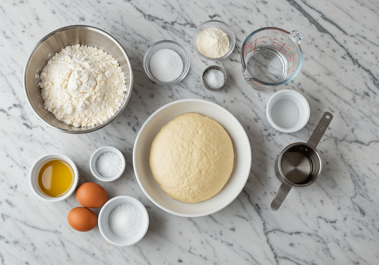 Ingredients for Athens pizza menu dough preparation including flour, yeast, and water in a rustic kitchen setting.