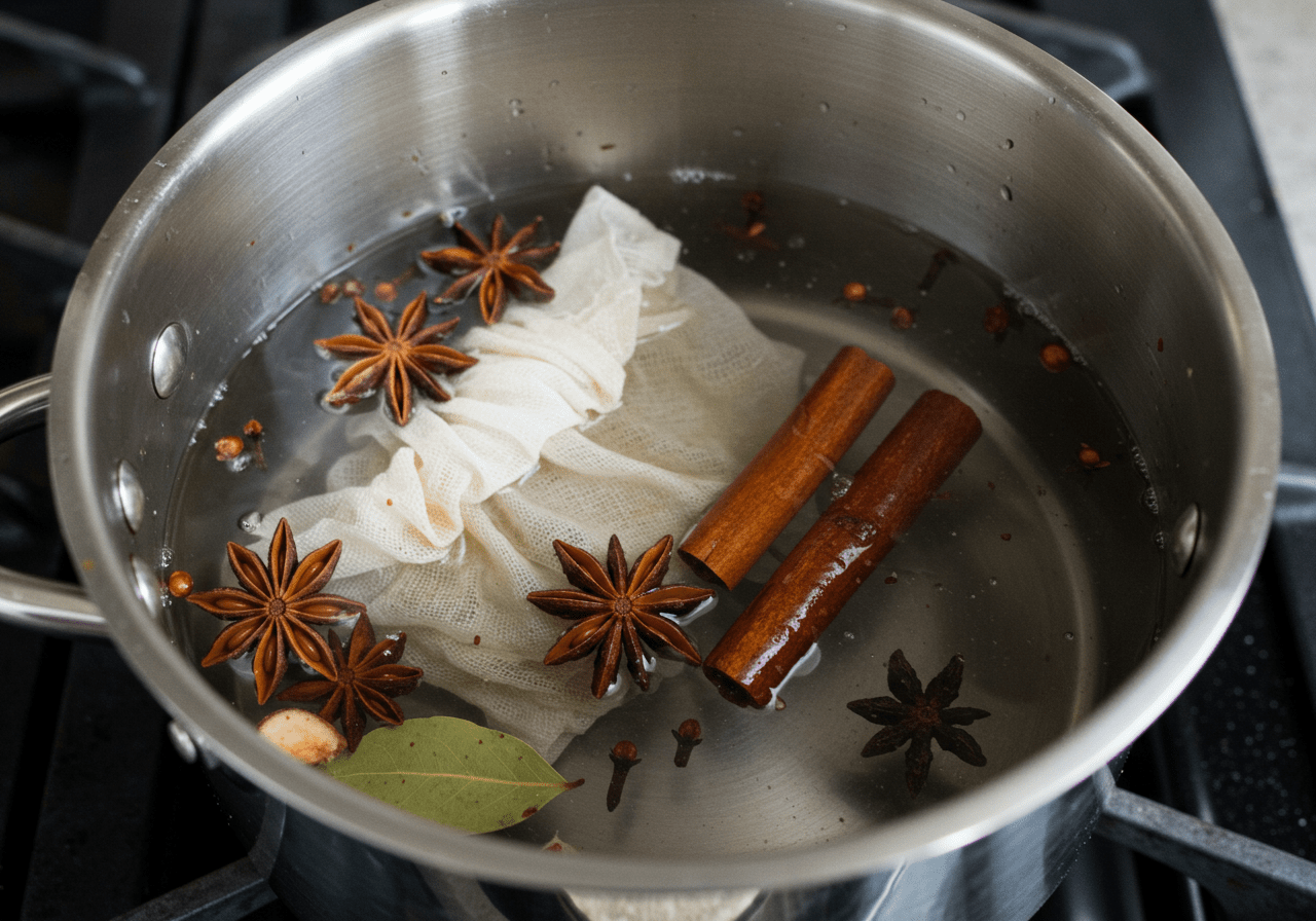 Prepare the aromatic spices for authentic Vietnamese pho, including star anise and cinnamon, in a pot of boiling water.