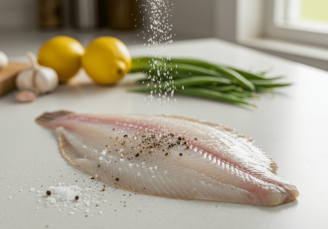 Seasoning flounder fillet for baked flounder with green beans, healthy seafood recipe.