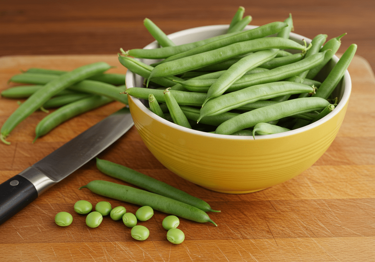 Preparing fresh green beans for baked flounder, healthy side dish preparation.