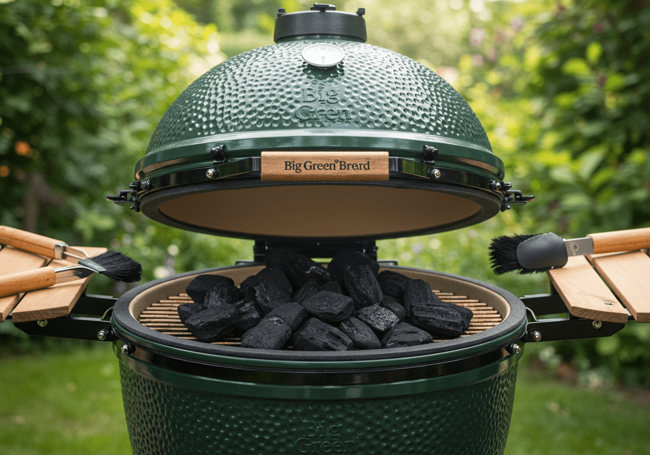 Preparing Big Green Egg grill charcoal for bge recipes, with grilling tools in a sunny backyard.