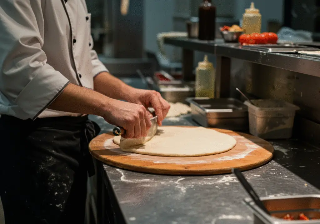 Bruno's pizza menu preparation with a chef spreading pizza dough on a wooden pizza peel, emphasizing the art of pizza making.