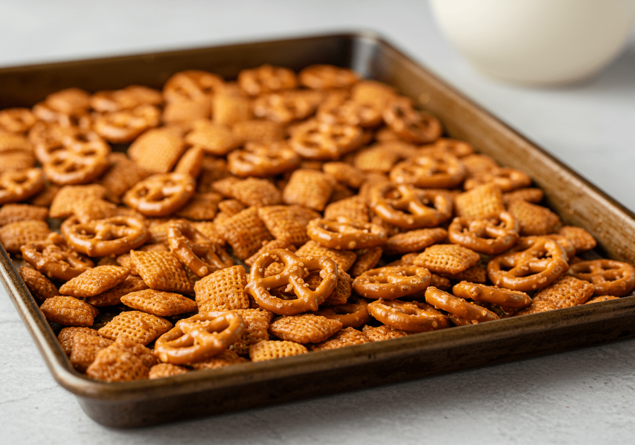 Preparing buffalo pretzel snack mix for baking to achieve a perfect crunchy texture.