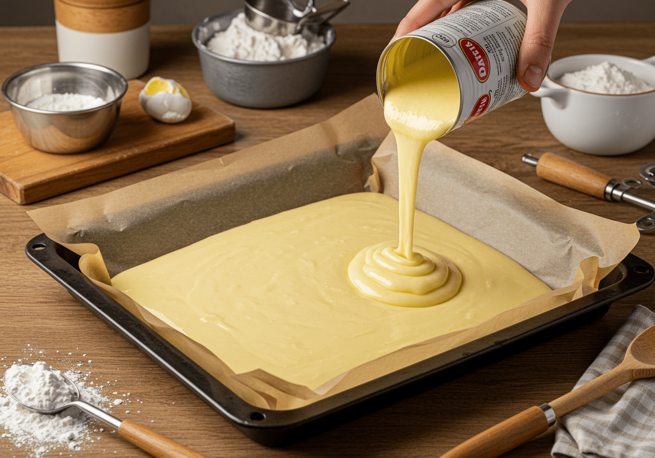 Pouring batter into a baking tray for Canned Butter Delight, showcasing the delicious journey towards baked goodness.