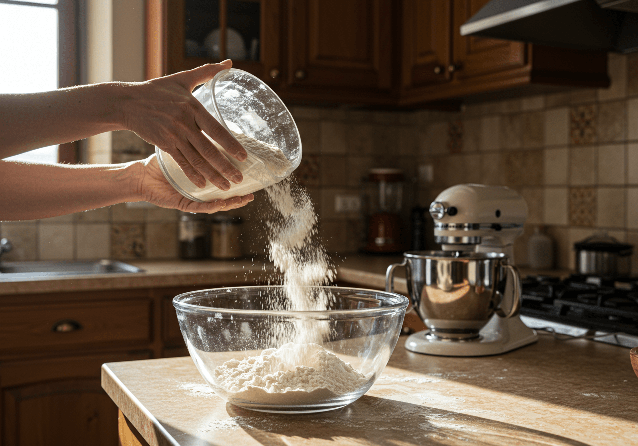 Caramelle pasta recipe step one: preparing pasta dough by pouring flour into a bowl in a bright kitchen.