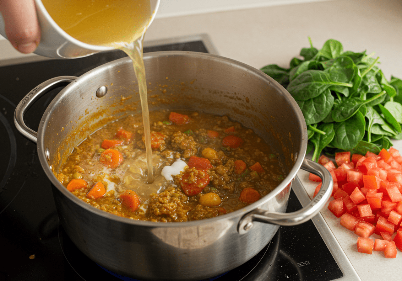 Pouring vegetable broth into pot with chickpea, cauliflower, and spices for Curried Chickpea & Cauliflower Bowl.