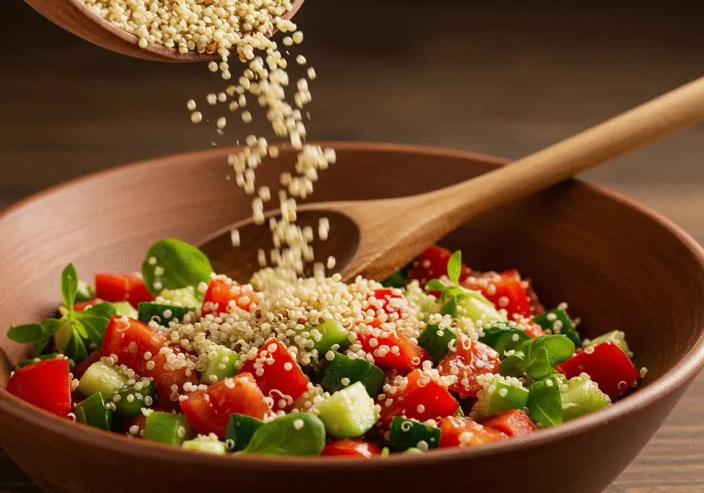 Adding cooked quinoa to the vibrant mixture for the Energizing Green Goddess Bowl.