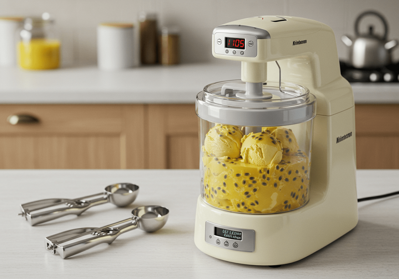 Ice cream maker in action preparing passion fruit ice cream, demonstrating a key step in creating this tropical delight.