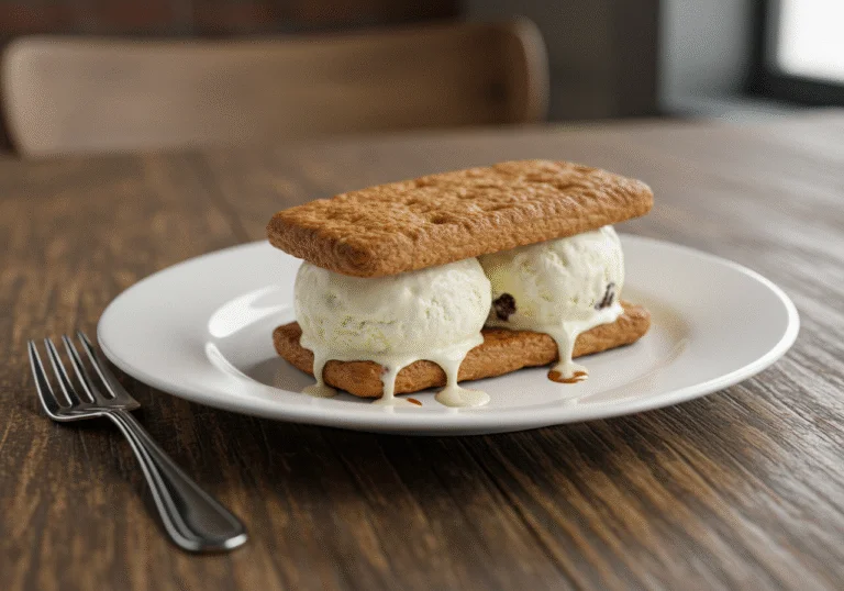 Enjoy the ultimate fat boy ice cream sandwich, presented beautifully on a rustic table, showcasing its delicious layers of ice cream and cookies.