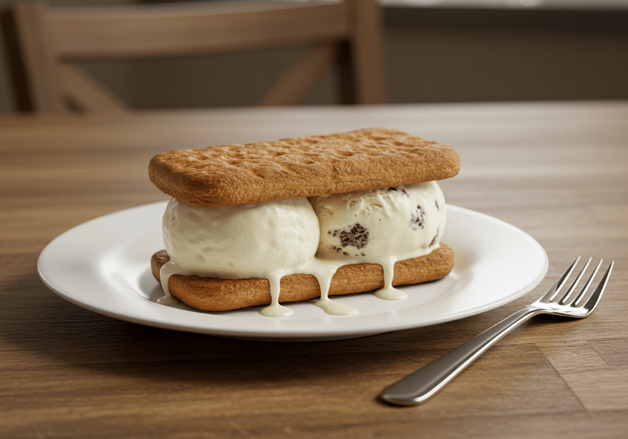 Enjoy the ultimate fat boy ice cream sandwich, presented beautifully on a rustic table, showcasing its delicious layers of ice cream and cookies.