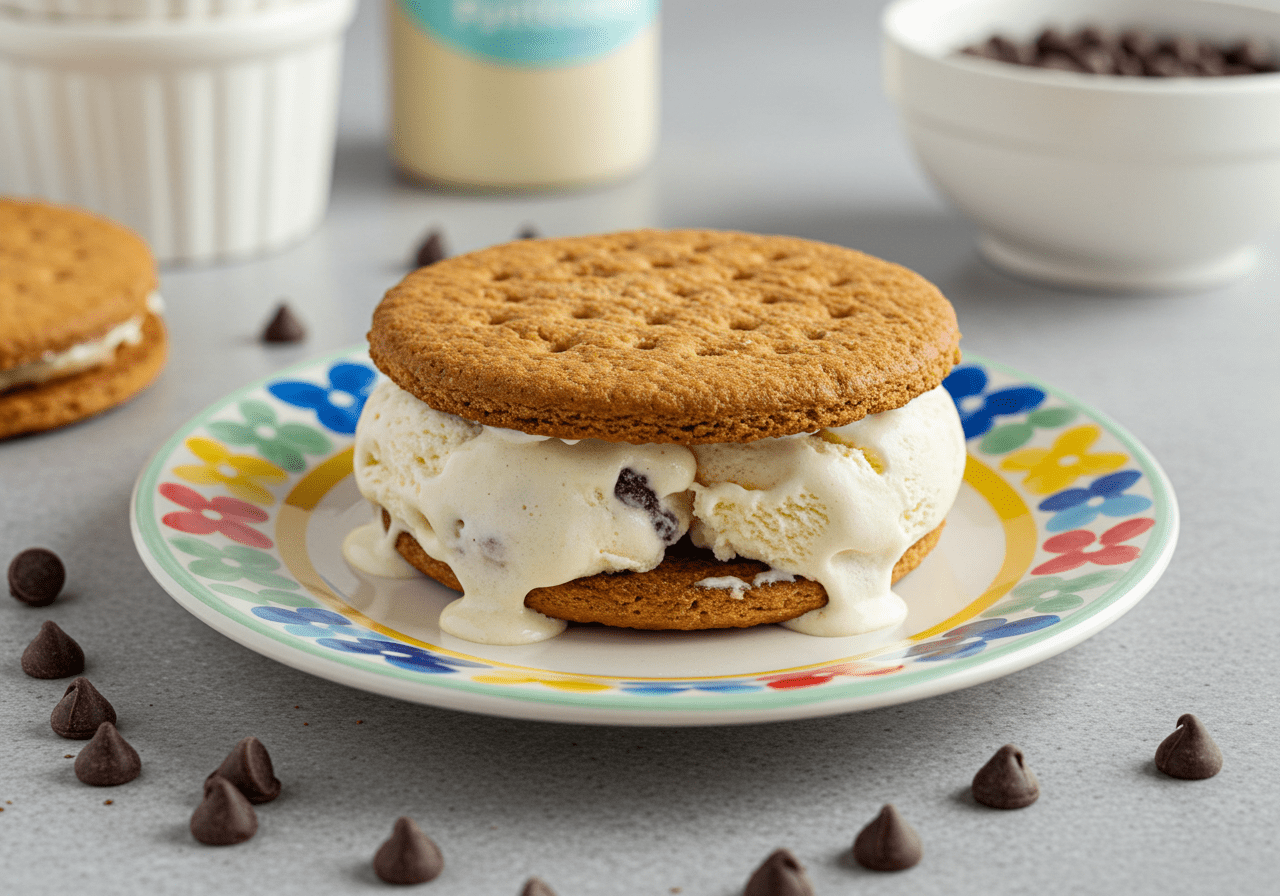 Creating the perfect fatboy ice cream sandwich, showcasing the melted ice cream and chocolate chip cookies, perfect for indulging.