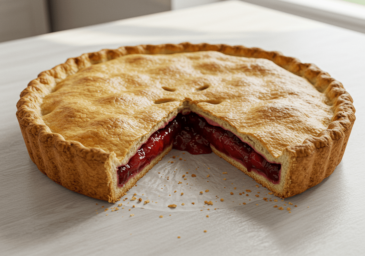 Final presentation of a flaky homemade pie crust, ready to be enjoyed with delicious filling.