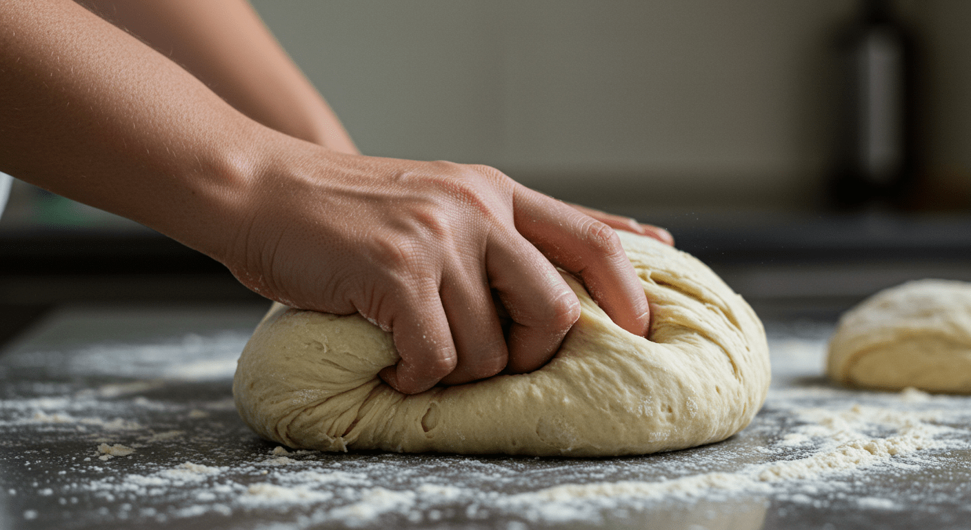 Kneading the dough for high-fiber bread to develop elasticity, showcasing the preparation process for fiber-rich bread.