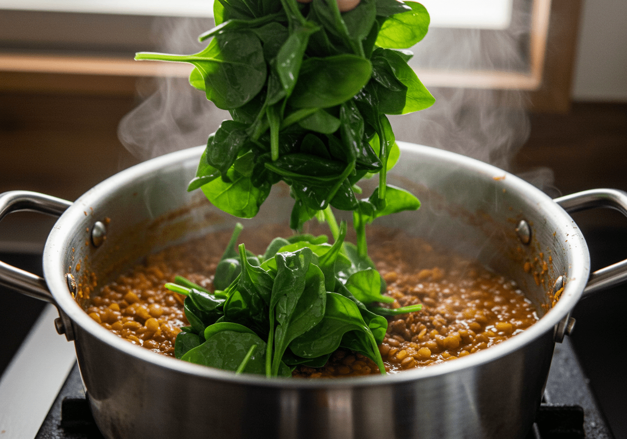 Fresh spinach being mixed into the simmering lentil curry for added flavor and nutrition.