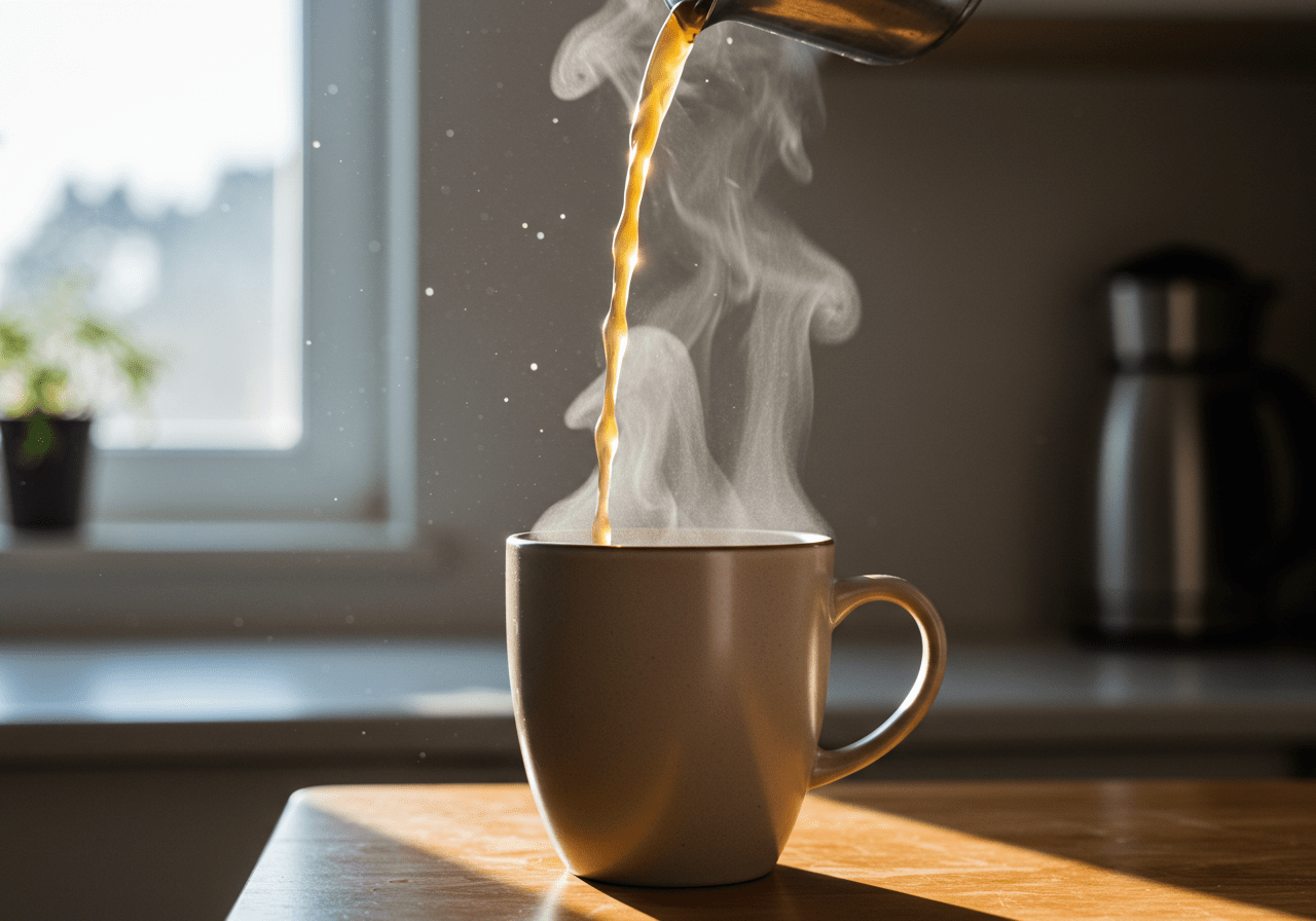 Freshly brewed Friday coffee being poured into a ceramic mug, perfect for energizing mornings.