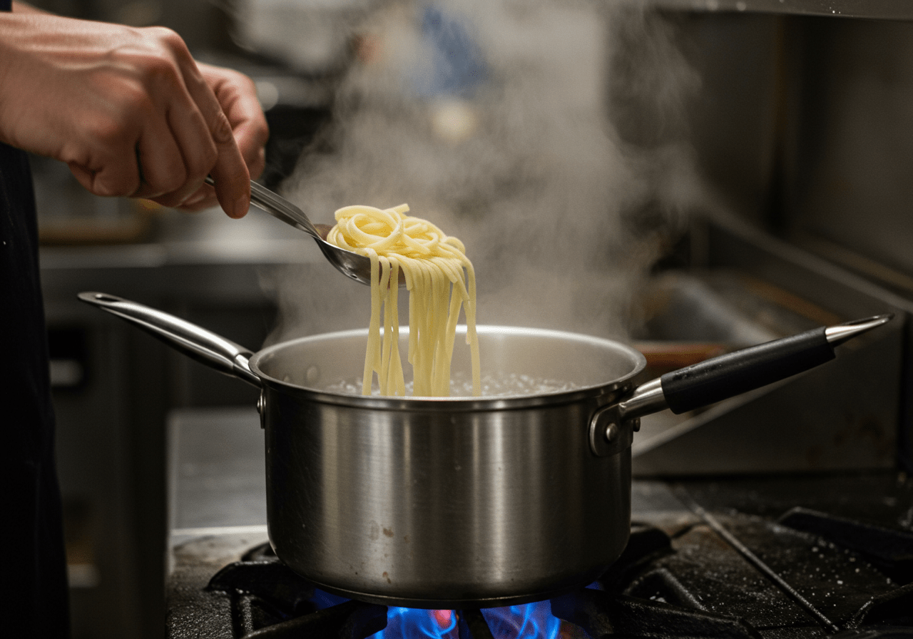 Cooking fresh noodles in a boiling pot, essential for King Noodle & Sushi dishes.