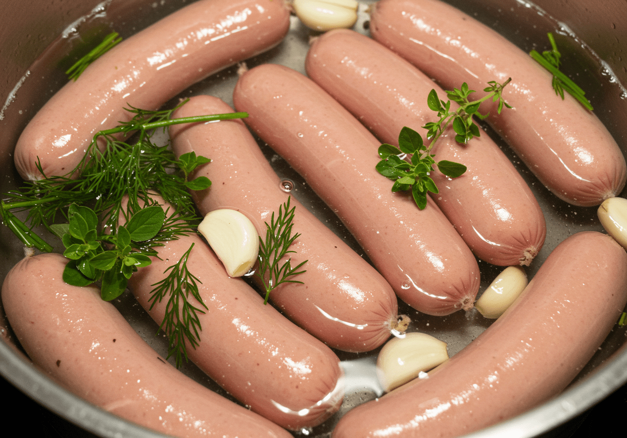Preparing low sodium hot dogs by boiling them in water with herbs and garlic for a flavorful low salt meal.