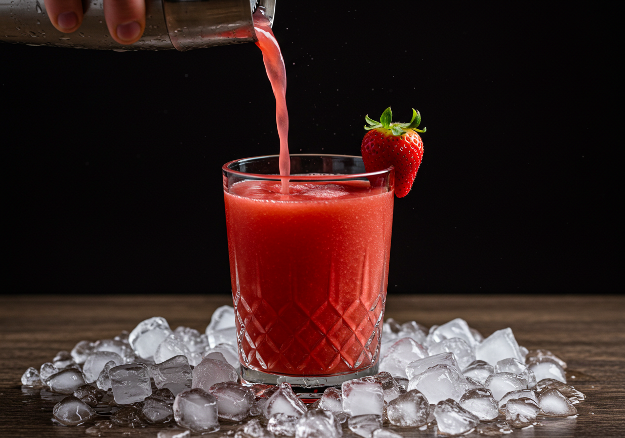 Pouring a refreshing Malibu strawberry daiquiri into a cocktail glass, complete with ice and a fresh strawberry garnish.