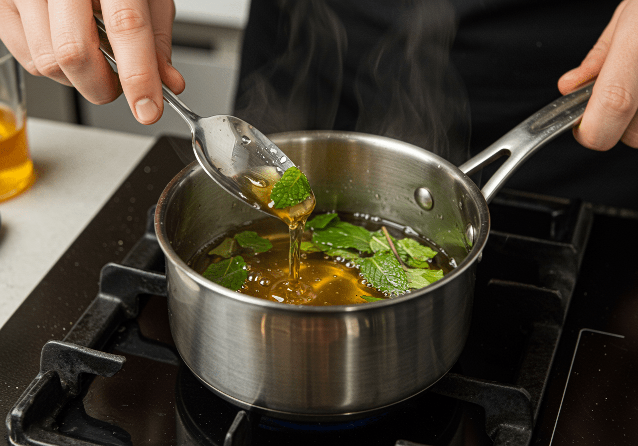 Cooking honey and mint syrup for mandarin orange cups, capturing the essence of freshness and sweetness in a vibrant kitchen environment.
