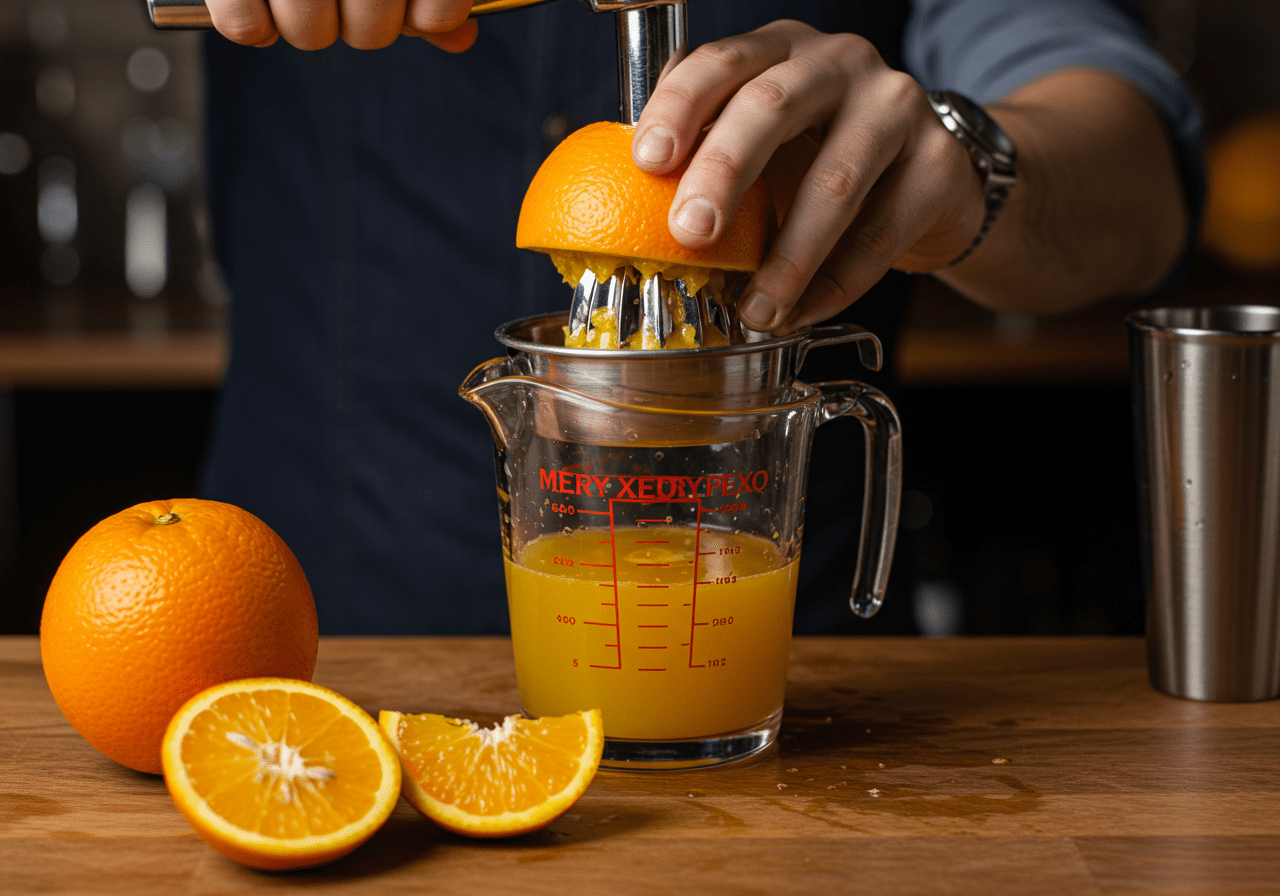 Juicing fresh oranges for a delicious orange alcoholic drink, showcasing the process of extracting vibrant juice in a kitchen setting.