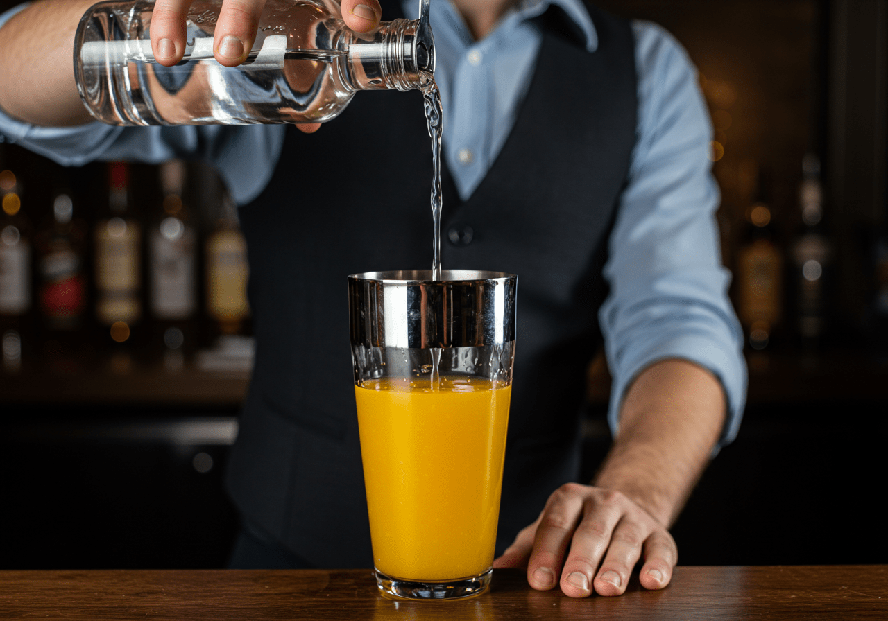 Adding a clear spirit to the orange juice mix for a refreshing orange alcoholic drink, focusing on the cocktail preparation moments.