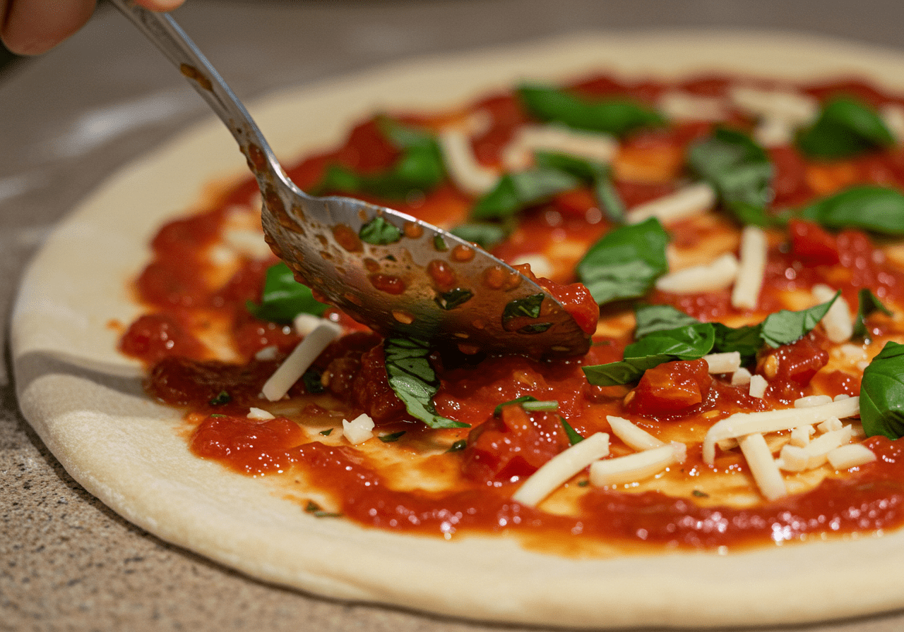 Spoon filling pizza turnovers with colorful ingredients such as tomatoes and herbs for flavorful pizza turnovers crossword clue.