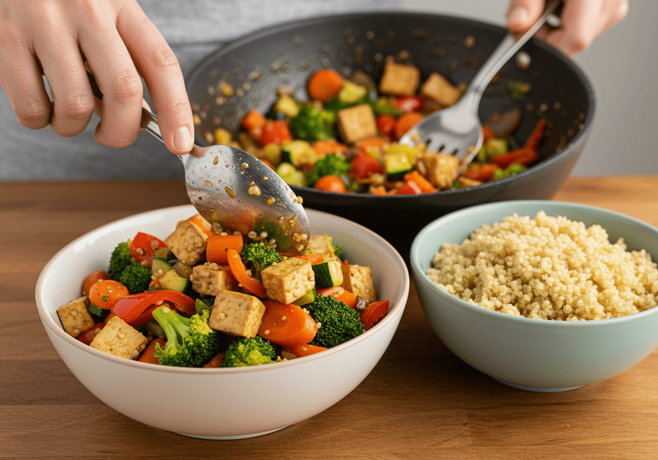 Scooping sautéed vegetables and tofu into a bowl next to quinoa for Rainbow Veggie & Tofu Bowl.