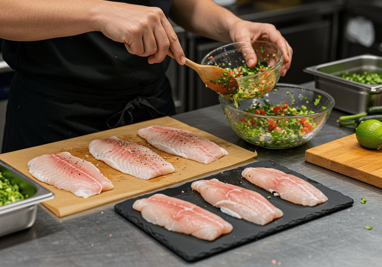 Seasoning fish for savory fish tacos with fresh herbs and spices for a tasty delight.