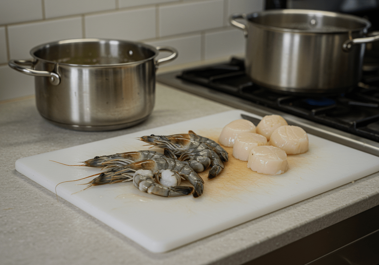 Fresh seafood ingredients for seafood pot pie including shrimp and scallops on a cutting board in a kitchen setting.