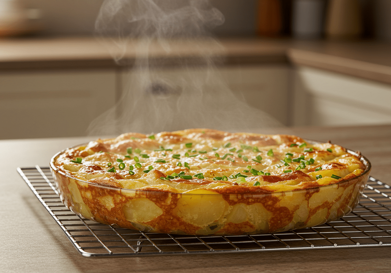 Removing Starbucks potato chive bake from the oven, capturing the delightful steam and golden crust ready to be served.