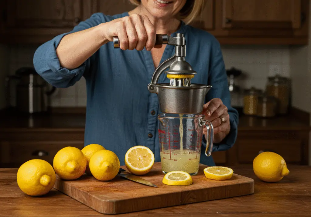 Squeezing lemons for country time strawberry lemonade, capturing the juicy essence of lemons being prepared.