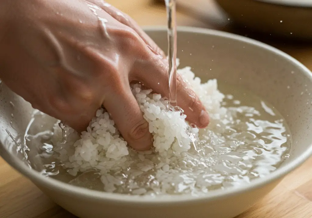 Sushi Tendou preparation of sushi rice rinsing in a bowl in a bright kitchen.